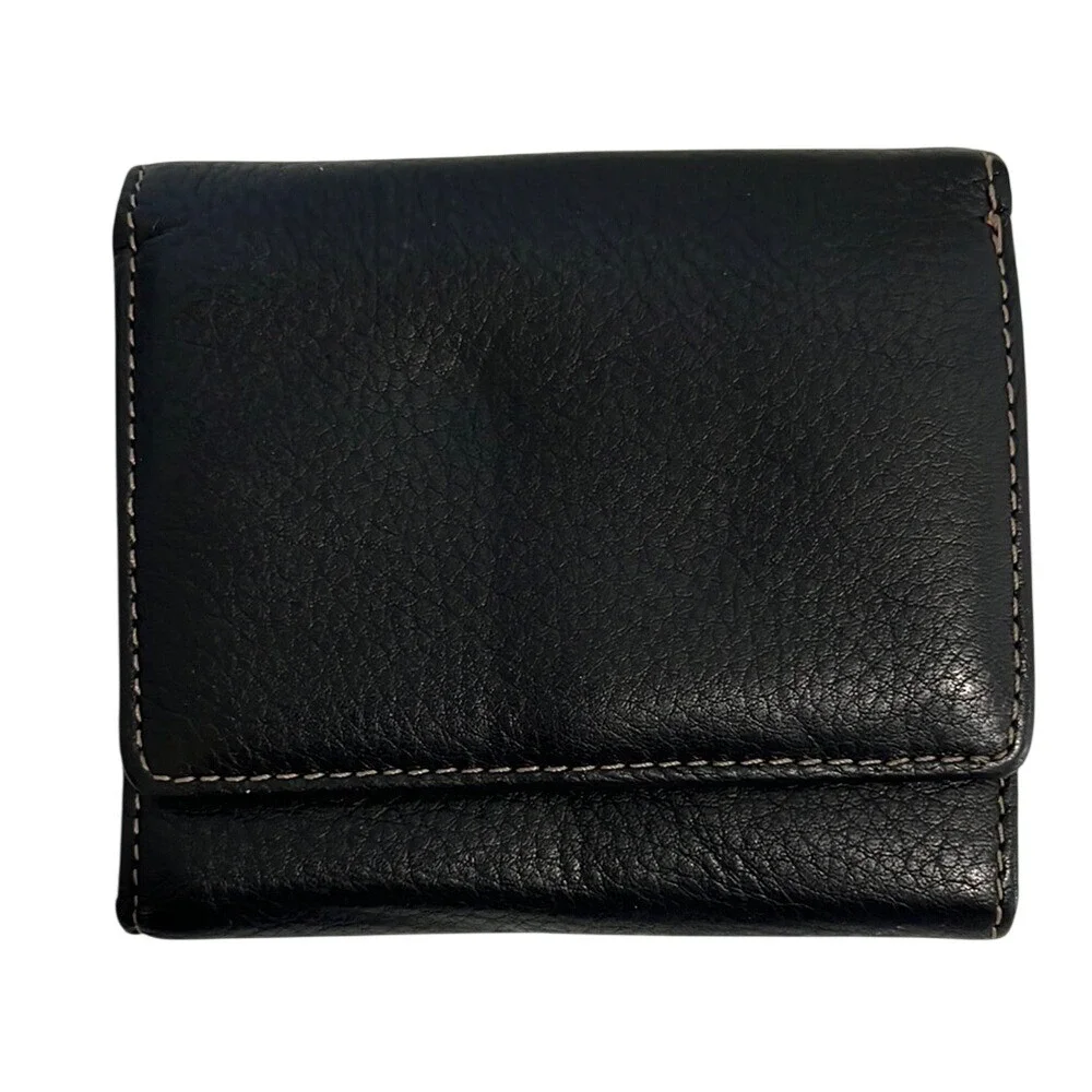 Mundi‎ Black Pebbled Leather Trifold Snap Closure Wallet Zipper Coin Pocket